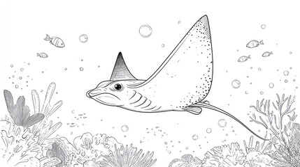 Monochrome illustration of a stingray in underwater scene
