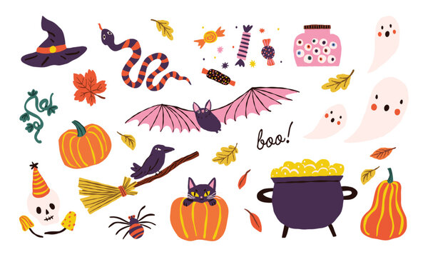 Collection of various whimsical halloween clipart. Set of simple and cute items for design. Vector hand drawn illustration. All elements are isolated.