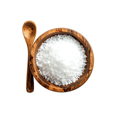 Coarse sea salt in a wooden bowl on transparent background