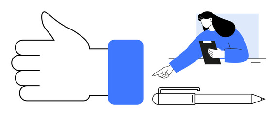 Thumbs-up hand, woman holding clipboard and pointing, pen symbolizing agreement, review, teamwork. Ideal for feedback, collaboration, education, decision-making productivity workplace support