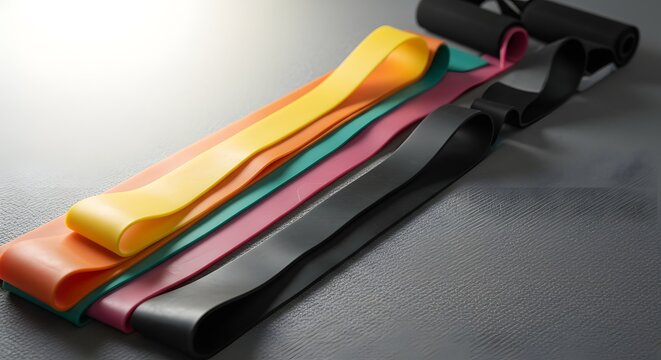 A Spectrum of Strength Colorful Resistance Bands on a Textured Fitness Mat.
