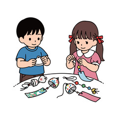 手作り風鈴を楽しむ子どもたち_夏の創造的な遊びアニメイラスト