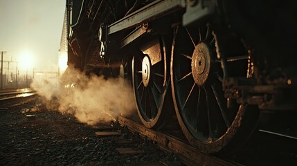 Steam locomotive wheels and smoke at dawn