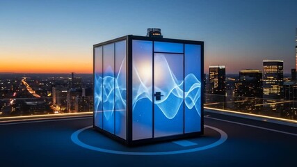 Futuristic Cube on Rooftop, Cityscape, Digital Art - Powered by Adobe