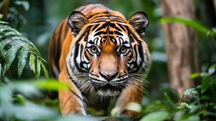 Obraz premium Majestic Tiger Prowls Through Lush Forest Amidst Degradation Threats