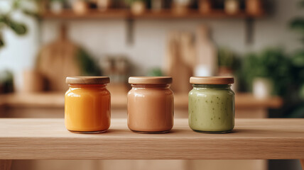 Three jars of baby food filled with purees of carrot, pear, and peas sit neatly on a light wooden shelf. A blurred cozy kitchen with warm tones and plants is in the background.