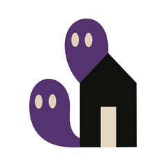 Minimal black house with two floating purple ghosts. Abstract layout with geometric balance. Great for modern Halloween stationery or branding.