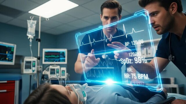 Two men doctors examining patient and monitoring vital signs data on futuristic augmented reality screen in hospital medical ward footage.