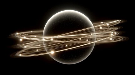 glowing sphere with orbiting golden light trails abstract cosmic concept futuristic technology data network visualization on a black background - Powered by Adobe