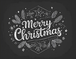 Vintage Chalkboard Style Merry Christmas Lettering with Pine Branch Borders, Monochrome Design, isolated on transparent background PNG