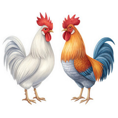 Fototapeta premium Two roosters standing side by side on black background