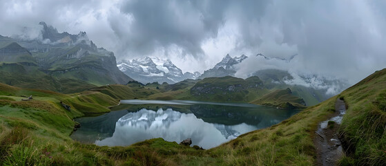 mountain landscape with lake and mountains