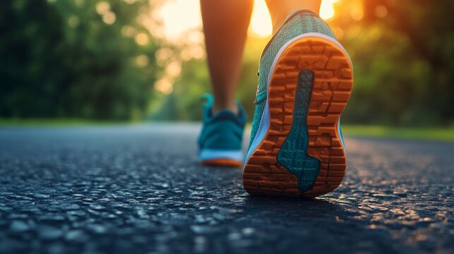 Close-up of runner's feet in athletic shoes on asphalt. Useful for articles about running, sports shoes and active lifestyle.