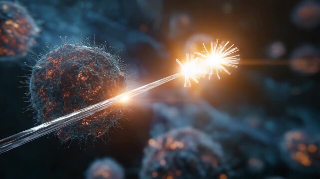 Cell phone is connected to a cord, which is attached to the phone. The cord is visible. stylized sword of light slicing through cancer cell cluster, break cancer cells, targeted therapy