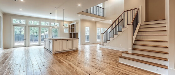 Modern interior with kitchen and staircase. Applicable in articles about interior design and real estate.