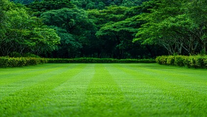 Obraz premium Lush green lawn stretches to a backdrop of dense trees