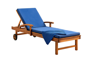 Wooden chaise lounge with blue cushion and throw