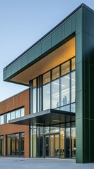 Obraz premium Modernist building with large windows and metal elements, useful for architectural and design projects.