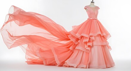 Stunning coral tiered ballgown with a voluminous train, elegant formal wear for special occasions, isolated on white background