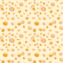 The small boiled egg, raw egg, broken egg hand drawn seamless pattern on the light yellow background.
