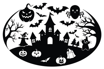 Obraz premium Halloween silhouette scene with haunted castle witch pumpkins bats and black cat