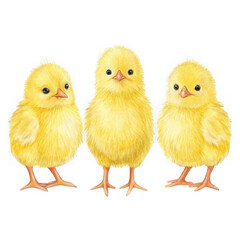 Three adorable fluffy yellow chicks standing together