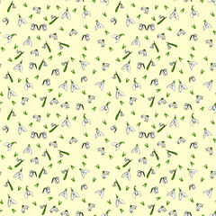 The small white snowdrop flower hand drawn seamless pattern on the light green background.