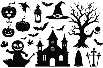 Collection of halloween silhouettes including pumpkins bats witch hat haunted house and spooky tree