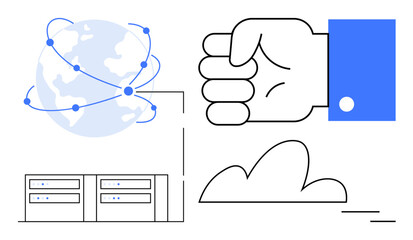 Hand fist symbolizing security, globe with connected nodes, servers, and cloud. Ideal for tech, data storage, global network, cybersecurity, IT solutions cloud services and digital transformation