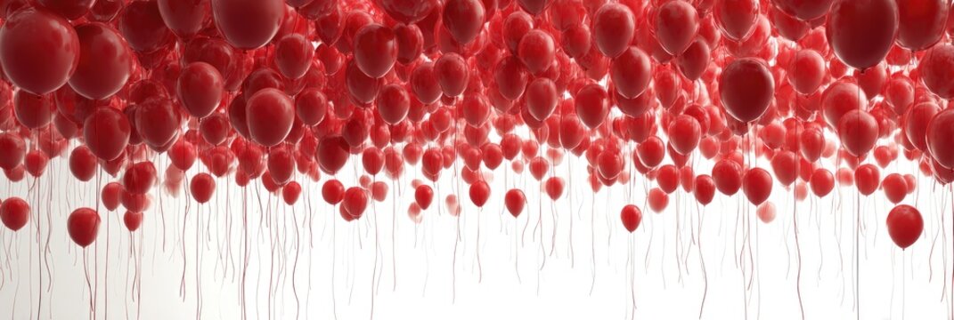 A multitude of bright red balloons suspended by strings against a white background - Powered by Adobe