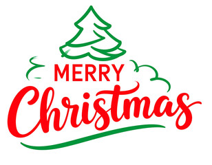 Minimalist Script Merry Christmas T-Shirt Graphic in Red and Green with Tiny Tree Icon, isolated on transparent background PNG