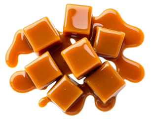Scattered Caramel Cubes with Light Drizzle of Sauce and Small Sauce Pools, Top-Down View, isolated on transparent background PNG