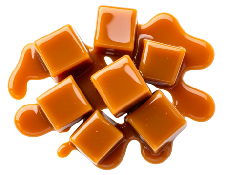 Scattered Caramel Cubes with Light Drizzle of Sauce and Small Sauce Pools, Top-Down View, isolated on transparent background PNG