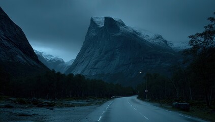 Mountainous fjord road at twilight
