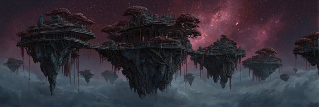Islas flotantes rocosas y escarpadas en un cielo nebuloso