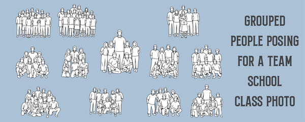 Architectural Drawings grouped people posing for a team, school, or class photo vector illustration, side view, human person Minimal style hand drawn.