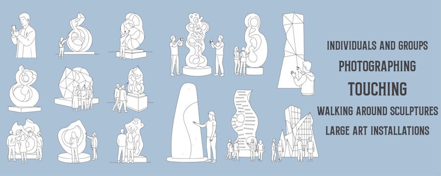 Architectural Drawings individuals and groups photographing, touching, or walking around sculptures and large art installations vector illustration, side view, human person Minimal style hand drawn.