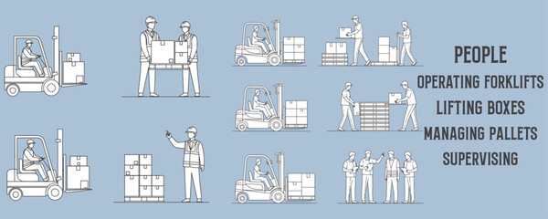 Architectural Drawings people operating forklifts, lifting boxes, managing pallets, or supervising vector illustration, side view, human person Minimal style hand drawn. © MkJutt