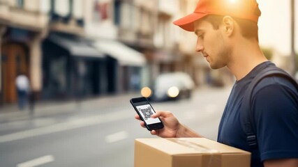 Delivery man scanning qr code on smartphone with carton box on street, showing modern logistics and digital tracking in urban setting footage. - Powered by Adobe