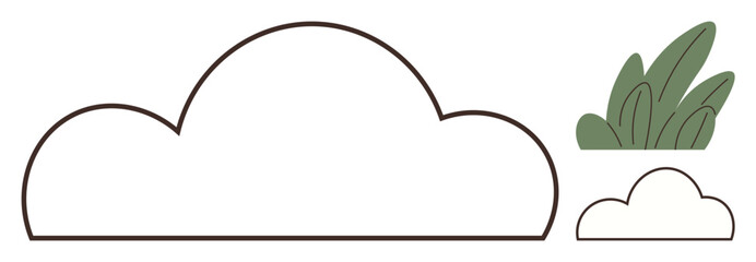 Large outlined cloud, small cloud, and leafy shrub with simple design. Ideal for weather, nature, simplicity, eco-focus, outdoor concepts growth and environment. Clean flat metaphor