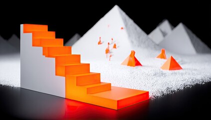 Abstract 3D rendering of luminous orange steps leading to white pyramids, with tiny figures