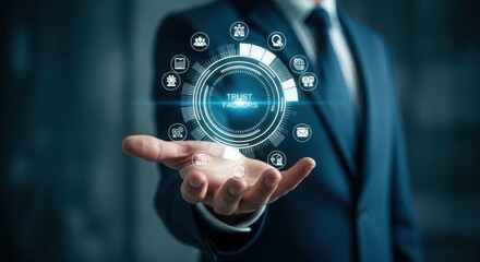 Businessman displays futuristic digital interface with glowing technology icons