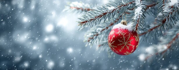 The vibrant red ornament hanging on a snowy Christmas tree branch