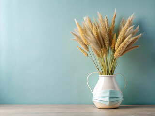 Pampas grass in vase with face mask on blue background, still life concept