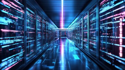 Futuristic server room, glowing code on cabinets