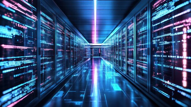 Futuristic server room, glowing code on cabinets - Powered by Adobe
