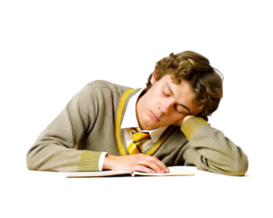 Tired student sleeping young man reading a book