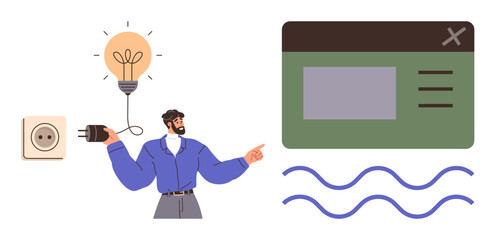 Man holding plug with glowing bulb symbolizing creativity and innovation, pointing at a web interface mockup. Ideal for innovation, idea generation, creativity, web design, teamwork, strategy, simple