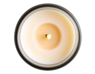 Burning Short Candle with Pool of Melted Wax at the Base and Visible Flame Glow, Top-Down View, isolated on transparent background PNG
