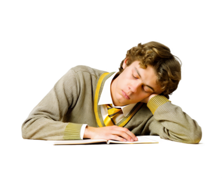 Tired student sleeping young man reading a book